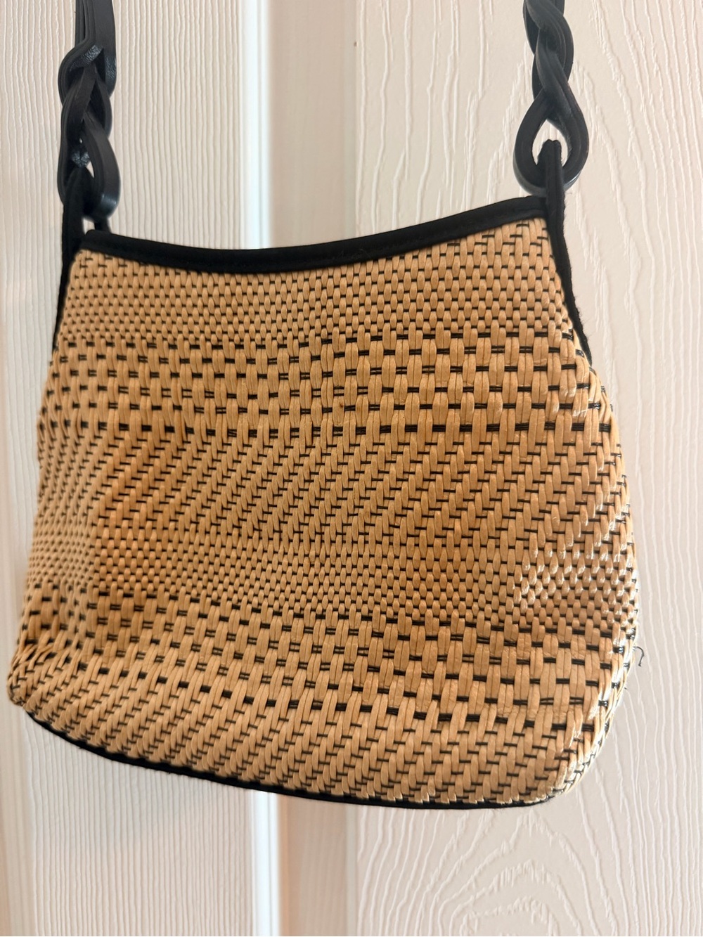 Woven Straw Shoulder Bag with Black Trim